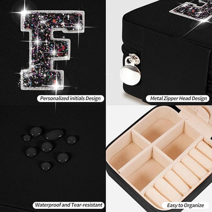 Personalized Jewelry Case for Women Girls - Fashion Mini Jewelry Boxes - Trendy Travel Jewelry Organizer with Initials Letter - Teen Gifts | Black,F