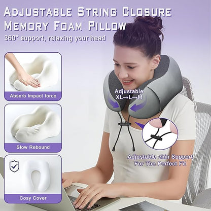 Neck Travel Pillow, Upgraded Memory Foam Pillow for Airplane, Machine Washable, Adjustable Flight Pillow, Suitable for Sleeping Airplane, Car, Office and Home (Grey)