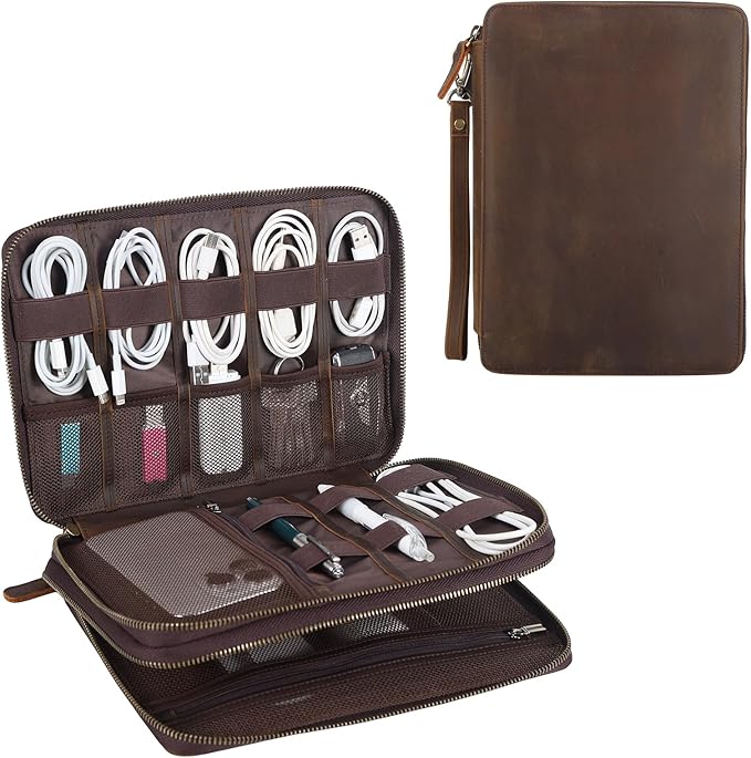 TIDING Leather Cable Electronics Organizer Case, Double Layer Travel Electronic Storage Bag for Charger, Cables, Phone, SD Card