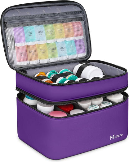 Mancro Dual Layers Pill Bottle Organizer Bag, Medicine Pill Organizer Bag with Lockable Zipper, Medicine Travel Bag for Pills, Vitamins, Pill Cutters, Medical Supply for Home Storage, Purple