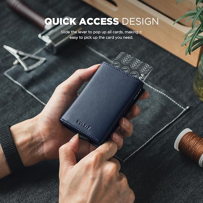 VULKIT Pop up Card Wallet Minimalist Cash Wallets RFID Blocking Leather Smart Credit Card Holder with ID window for Men