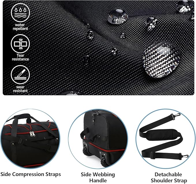 32” 1680D Oxford Foldable Duffle Bag with 2 Wheels,110L to 140L Expandable Soft Sided Rolling Travel Bag,Black-red