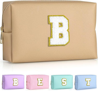 TOPEAST Preppy Patch Makeup Bag, Chenille Letter Pouch Cosmetic Bag, PU Leather Waterproof Toiletry Bag, Personalized Birthday Gift for Women Girl, Cute Stuff for Girls (Khaki B)