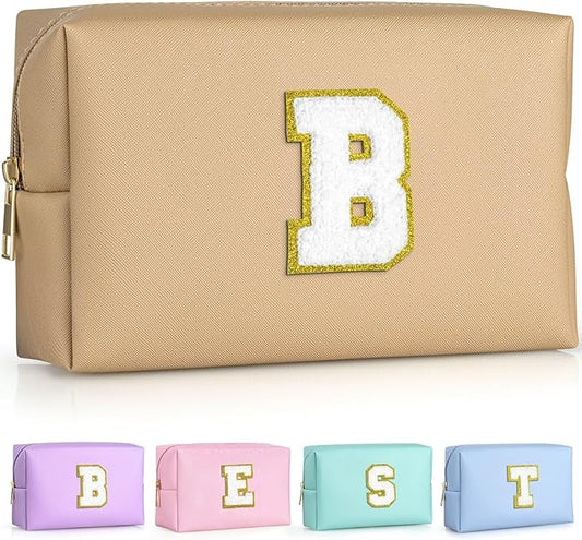 TOPEAST Preppy Patch Makeup Bag, Chenille Letter Pouch Cosmetic Bag, PU Leather Waterproof Toiletry Bag, Personalized Birthday Gift for Women Girl, Cute Stuff for Girls (Khaki B)