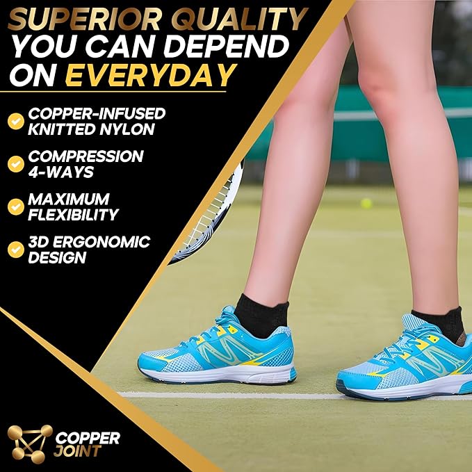 CopperJoint Black Ankle Compression Socks for Women- Breathable Copper Compression Socks Men, Low Cut Sock With Arch Support