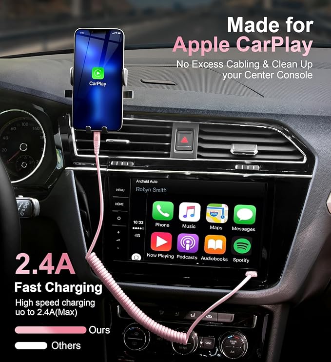 iPhone Charger Cable for Car 3FT, 2Pack Coiled Coiled Lightning Cable [Apple MFi Certified] iPhone Cable Compatible with iPhone14/13/12/11 Pro Max/XS MAX/XR/XS/X/8/7/Plus-Pink