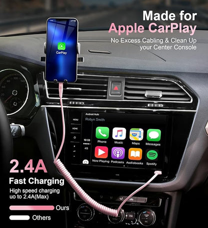 iPhone Charger Cable for Car 3FT, 2Pack Coiled Coiled Lightning Cable [Apple MFi Certified] iPhone Cable Compatible with iPhone14/13/12/11 Pro Max/XS MAX/XR/XS/X/8/7/Plus-Pink