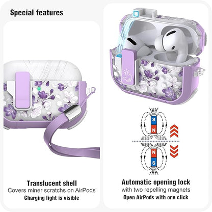 Wenew Case for AirPods Pro & Pro 2 Case Cover Secure Lock Automatic Snap Switch Clip Cleaner Kit Lanyard Women Stylish Armor Full Body Hard Shell Front LED Visible (Purple flower, AirPods Pro & Pro 2)