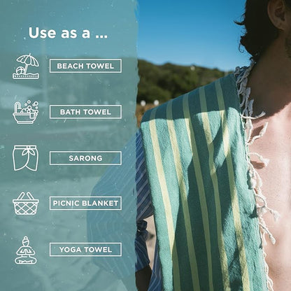 Large Turkish Beach Towel, Striped Kelly Green & Pistachio - 37'' x 67'' - Super Soft & Lightweight - Quick Dry Sand Free Travel Towels for Beach or Bath - Gifts