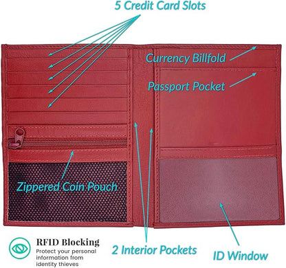 Red RFID Genuine Leather Passport Wallet