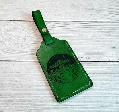 Mayan Corner - Leather Handmade Luggage Tag with UFO Alien Design, Green, ID Window, Brass Hardware