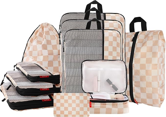 U+U 10 Set Compression Packing Cubes - Ultralight Travel Organizers with Laundry Bag and Cosmetic Bag, Space-Saving Suitcase Organizer for Travel, Business Trip and Family Vacation (Khaki Checkered)