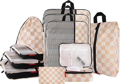 U+U 10 Set Compression Packing Cubes - Ultralight Travel Organizers with Laundry Bag and Cosmetic Bag, Space-Saving Suitcase Organizer for Travel, Business Trip and Family Vacation (Khaki Checkered)