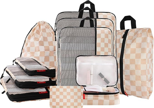 U+U 10 Set Compression Packing Cubes - Ultralight Travel Organizers with Laundry Bag and Cosmetic Bag, Space-Saving Suitcase Organizer for Travel, Business Trip and Family Vacation (Khaki Checkered)