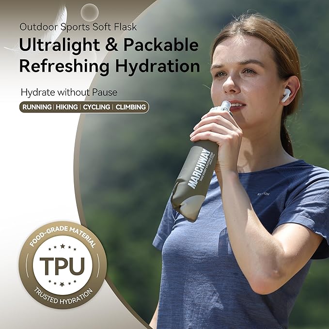 MARCHWAY Soft Hydration Flask with Wide Mouth, 300ml/500ml Collapsible TPU Water Bottle, Leakproof Portable Flexible for Running, Hiking, Cycling, Climbing, Gym, Travel (2pcs Grey 500ml)