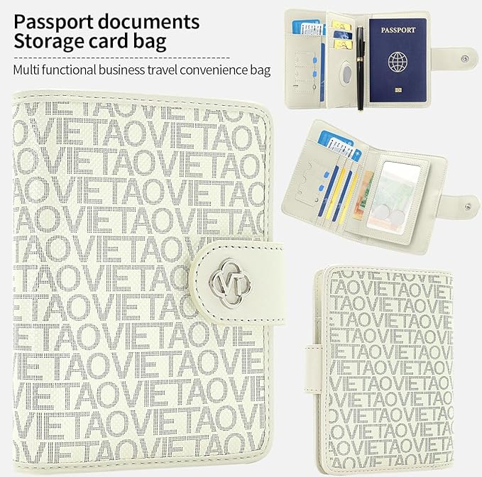 Passport Holder Wallet Bag with AirTag Holder, Card Slots and Passport Solt Ticket Cash Solt, Photo Solt Sim Card Pen Slot.White