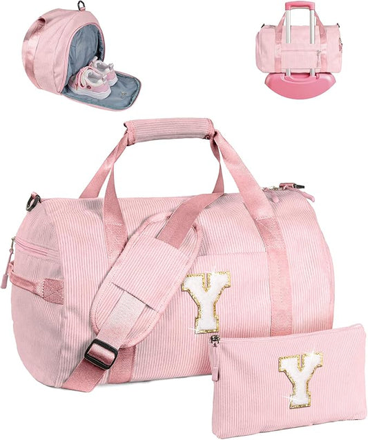 Cute Christmas Gifts, Girls Gym Bag, Kids Personalized Dance Bags with Shoe Compartment, Customized Travel Tote with Toiletry Bag, 6 Year Old Girl Birthday Gift (Letter Y)