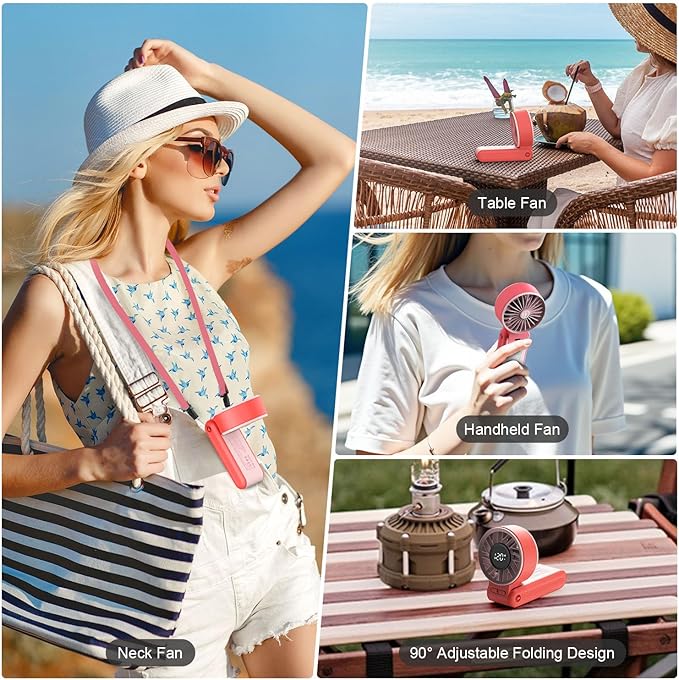 Portable Handheld Fan, 4000mAh Rechargeable, 6 Speed Settings, LCD Display, 3-in-1 Foldable Mini Desk Fan with Lanyard (Pink)