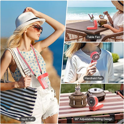 Portable Handheld Fan, 4000mAh Rechargeable, 6 Speed Settings, LCD Display, 3-in-1 Foldable Mini Desk Fan with Lanyard (Pink)