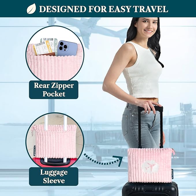 PAVILIA Travel Blanket Pillow in Soft Bag with Pockets, Airplane Blanket Set, Plane Blanket Compact Packable, Flight Essentials Car Pillow, Travelers Accessories Gifts, Luggage Strap, Light Pink