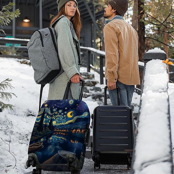 ANNA QUEEN Starry Night Art Luggage Cover, Van Gogh Inspired Suitcase Protector, Washable Stretchable Travel Sleeve for 24-26 Inch Luggage