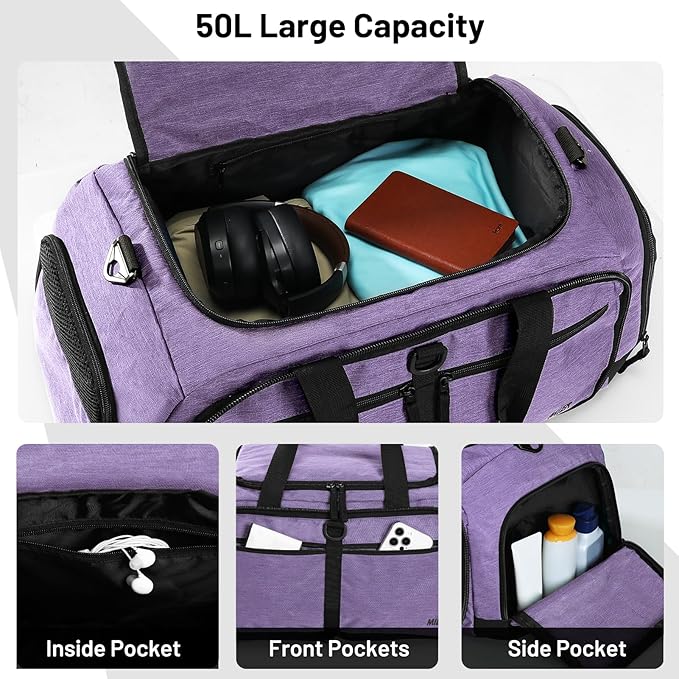 MIER Foldable Duffle Bag with Shoe Compartment 50L Travel Duffel Bags for Men Women Packable Overnight Bag for Camping Gym Weekender, Purple