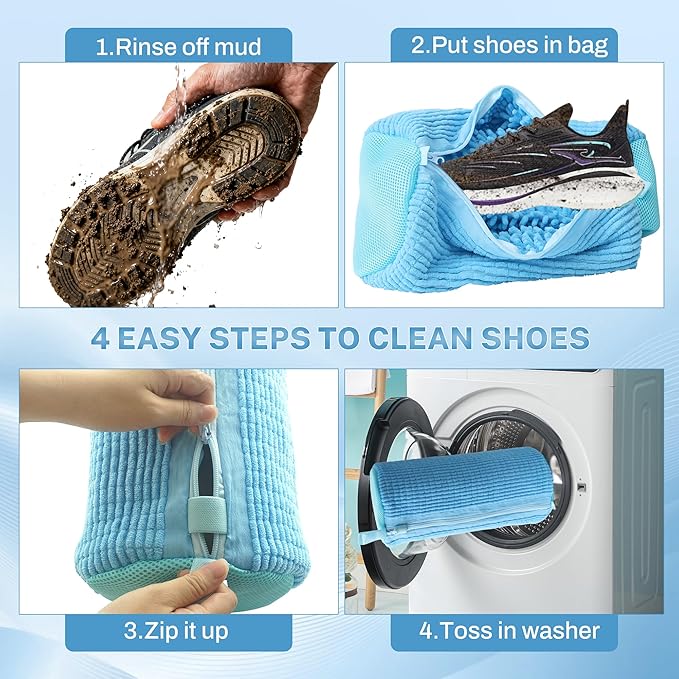 Shoe Washing Machine Bag, 2PCS Reusable Shoe Bag for Washing Machine, 360° Deep Cleaning Shoe Washing Bag for Sneakers, Laundry Shoe Bag for Washer & Dryer, Fits All Shoe Types (blue)