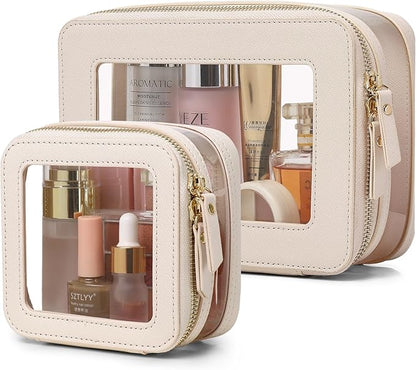 Pinkmik Clear Makeup Bag with Zipper Waterproof Travel Makeup Set for Cosmetics and Toiletries Women's Purse Organizer and Car Essentials (Beige, M+MINI-1)