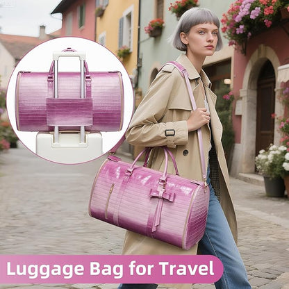 Garment Bags for Travel, 2-in-1 Convertible Travel Garment Duffle Bag for Women, Foldable Carry On Garment Bag with Shoe Compartment & Toiletry Pocket, PU Leather Weekender Bag, Pink-White