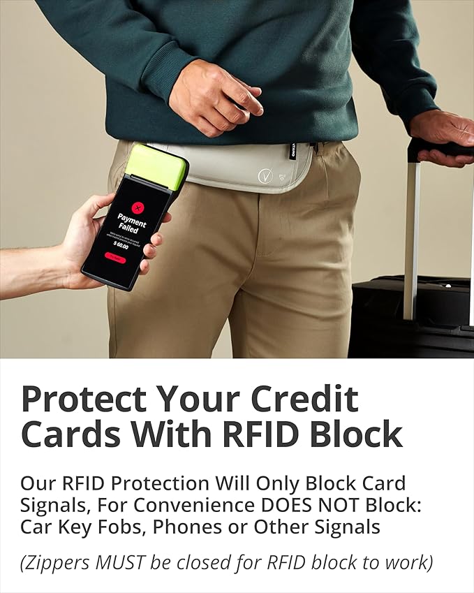 Vantamo Money Belt with RFID For Men & Women, Hidden Passport Holder for Travel, 2 Compartment Travel Fanny Pack for Women Anti Theft