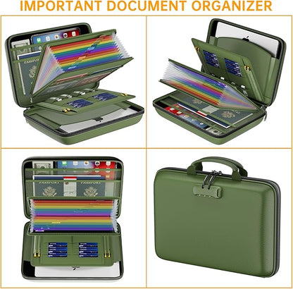 DocSafe Fireproof File Organizer with Lock, Hard-Shell Case Fireproof Document Box with 13 Pocket Accordion File Folder, Portable Home Office Travel Safe Storage for Important Documents Laptop Green