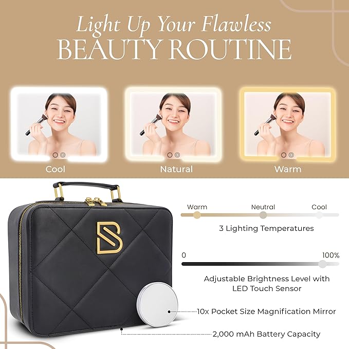 BAREZ Premium PU Leather Makeup Bag With LED Mirror - 3 Brightness Mirror Light Settings - Adjustable Dividers - Removable Mirror Waterproof Cosmetic Travel Bag - A Luxury Gift for Her (Black)