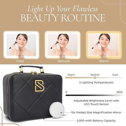 BAREZ Premium PU Leather Makeup Bag With LED Mirror - 3 Brightness Mirror Light Settings - Adjustable Dividers - Removable Mirror Waterproof Cosmetic Travel Bag - A Luxury Gift for Her (Black)