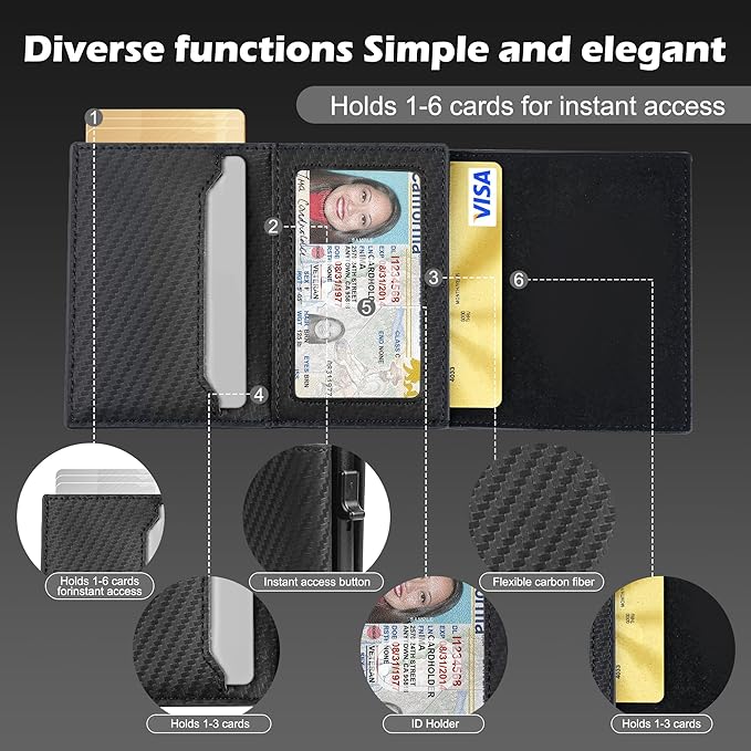 Card Wallet for Men,Slim Minimalist Wallet 10-14 Cards,Smart Pop Up Wallets with Money Clip& ID Window,RFID Front Pocket Credit Card Holder, Gifts for Men（Carbon Fiber）