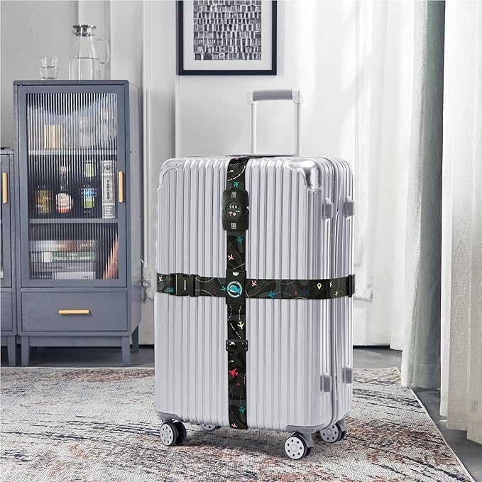 Travelkin Luggage Straps TSA Approved - Adjustable Cross Suitcase Straps with TSA Lock, Reinforced Buckle, Unique Pattern - Secure Heavy Duty Luggage Straps for Travel (Air Line Black)