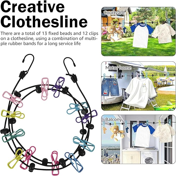 3 Pcs Travel Clothesline with 12 Colorful Clips, Portable Clothes Line Elastic Travel Clothesline for Indoor and Outdoor Balcony Outdoor Camping Use