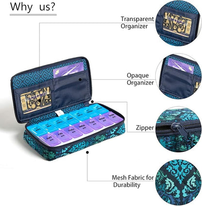 Weekly Pill Organizer 2 Times a Day, Zumd Pill Box 7 Day with Cute Quilted Fabric Zipper Case, Travel Pill Case Am Pm for Vitamin Medicine Organizer