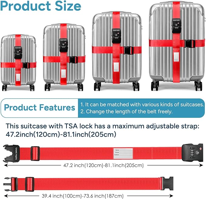 Travel Inspira TSA Lock Luggage Straps for Suitcases | Anti-Burst Protection, High Visibility Color, Easy Identification | Adjustable Heavy-Duty Belt for 20-32 Inch Suitcases
