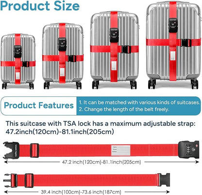 Travel Inspira TSA Lock Luggage Straps for Suitcases | Anti-Burst Protection, High Visibility Color, Easy Identification | Adjustable Heavy-Duty Belt for 20-32 Inch Suitcases