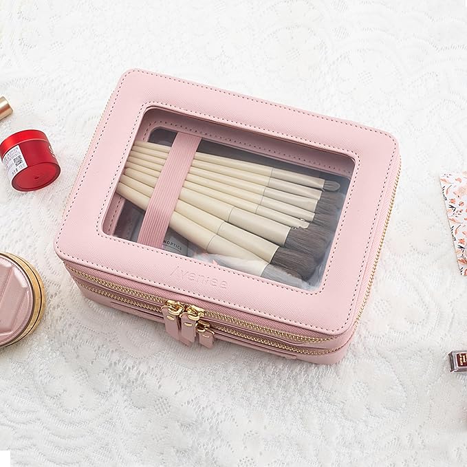 Aveniee XL Clear Makeup Organizer,Double Layer Travel Cosmetic Case with Brush Holder & Zippered Compartments, Large Toiletry Bag Train Case for Women.2 Layers, Pink