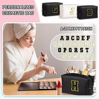 TOPEAST Preppy Makeup Bag, Small Cosmetic Travel Bags for Women, PU Leather Waterproof Toiletry Bag with Zipper, Personalized Birthday Gift for Women Girl, Preppy Gifts for Girl (Black F)