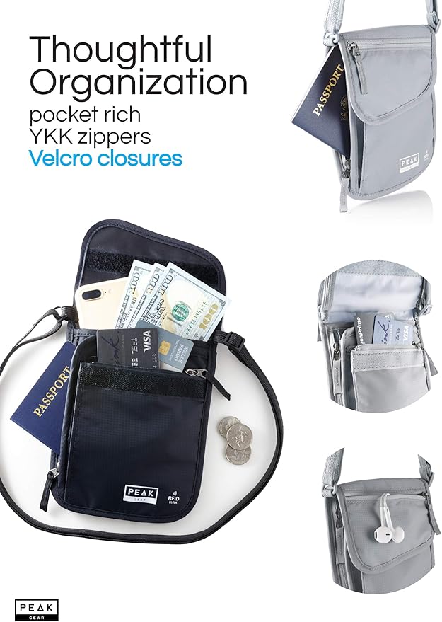 Peak Gear RFID Neck Wallet - The Orginal Travel Pouch with Adjustable Crossbody Strap + Theft Protection and Lost & Found Service | Gray