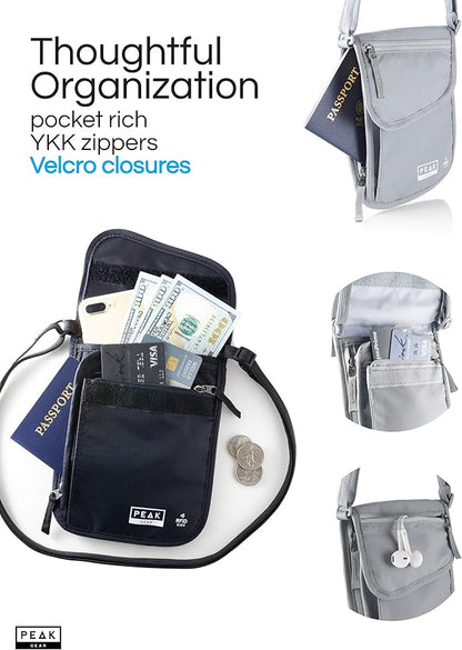 Peak Gear RFID Neck Wallet - The Orginal Travel Pouch with Adjustable Crossbody Strap + Theft Protection and Lost & Found Service | Gray