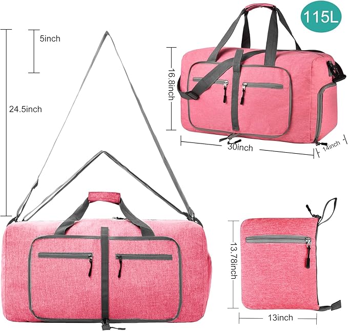 Dimayar 115L Travel Duffle Bag for Men Women - Foldable Duffel Bag with Shoes Compartment - Overnight Bags Waterproof & Tear Resistant(Pink)
