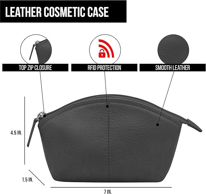 ili New York Genuine Leather Cosmetic Pouch – RFID Blocking, Leather Makeup Bag for Purse with Top Zip Closure & Interior Zip Pocket, Perfect as a Compact and Stylish Travel Cosmetic Bag