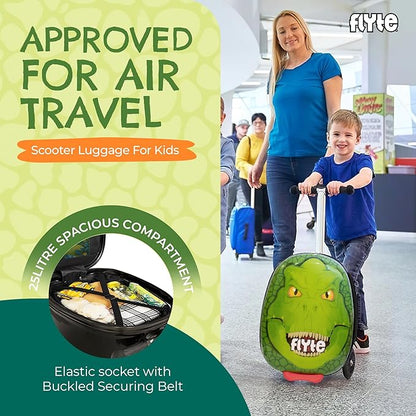 Flyte Darwin The Dino Scooter Suitcase - Rideable, Carry on Compliant 2-in-1 Children's Suitcases, 18 inch Ride on Suitcase for Kids, 25 Litre Capacity Kids' Luggage on Wheels for Children Aged 4+