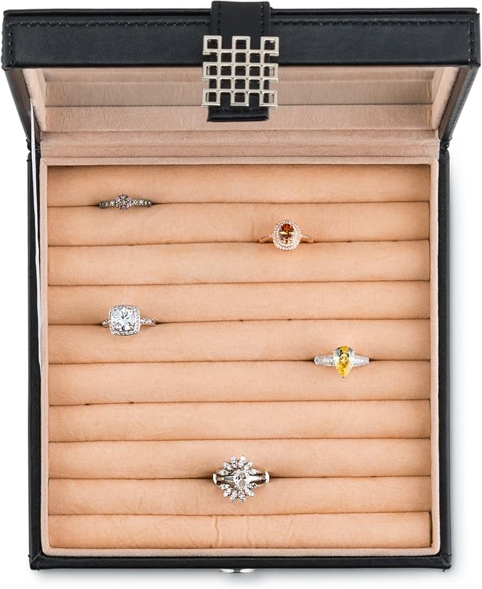 Glenor Co Ring Box Organizer - 54 Slot Classic Jewelry Display Case Holder - Storage Tray with Modern Buckle Closure, Large Mirror - for Rings and Cufflinks - Small for Travel - PU leather - Black