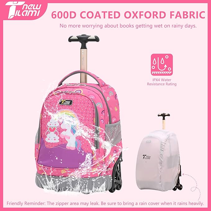 NEW TILAMI 16 Inches Rolling Backpack for Kids Adjustable Laptop Luggage with Wheels for Girl Boy School Travel Camping Boys Rolling Backpack Rainbow Unicorn