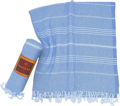 Beach Towel 100% Cotton Turkish Beach Towel Adult 38x70 Inch Pre-washed Absorbent Extra Large|Sand Free Quick Dry BathTowels|Lightweight Blanket|Travel Cruise Camping Spa Gym Sports Towel|Airy Blue