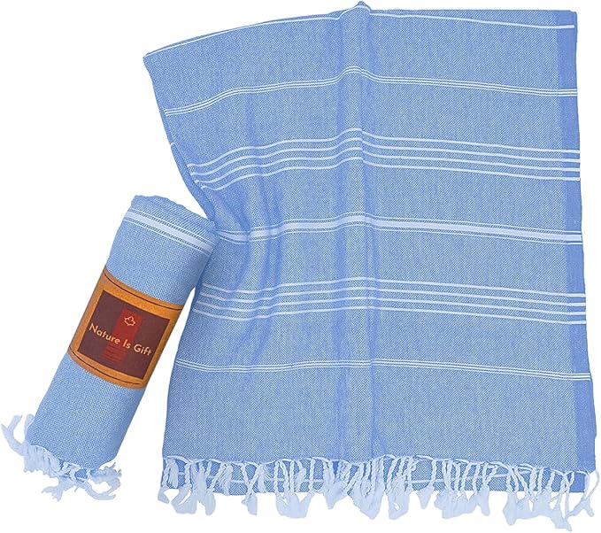 Beach Towel 100% Cotton Turkish Beach Towel Adult 38x70 Inch Pre-washed Absorbent Extra Large|Sand Free Quick Dry BathTowels|Lightweight Blanket|Travel Cruise Camping Spa Gym Towels|Directoire Blue